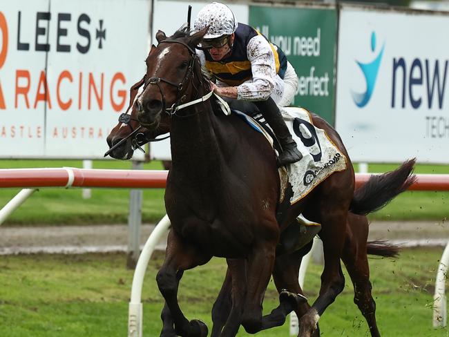 NEWCASTLE, AUSTRALIA - MAY 11: Chad Schofield riding Hezashocka wins Race 6 Buterin L'Estrange Gosford Gold Cup during 