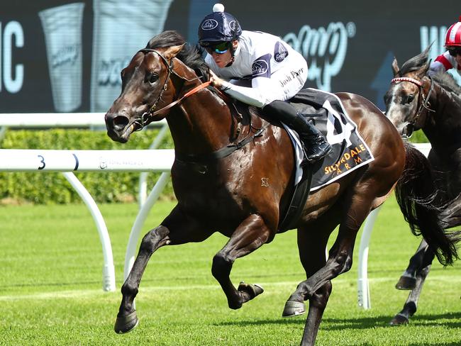 SYDNEY, AUSTRALIA - FEBRUARY 10: Josh Parr riding Caballus wins Race 6 Silverdale Farm Eskimo Prince Stakes  during "Inglis Millennium Day" - Sydney Racing at Royal Randwick Racecourse on February 10, 2024 in Sydney, Australia. (Photo by Jeremy Ng/Getty Images)