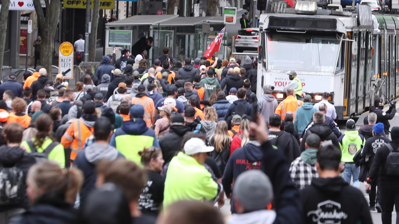 Violent anti-vaccination protests in Melbourne. Picture: David Crosling