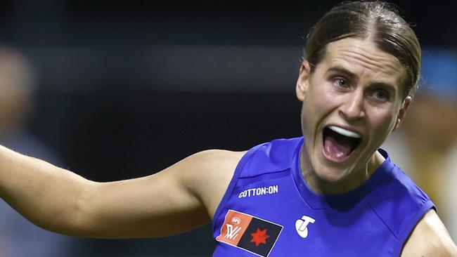 MELBOURNE, AUSTRALIA - OCTOBER 22: Greta Bodey of Brisbane celebrates a goal during the round nine AFLW match between the Hawthorn Hawks and the Brisbane Lions at SkyBus Stadium on October 22, 2022 in Melbourne, Australia. (Photo by Darrian Traynor/Getty Images)