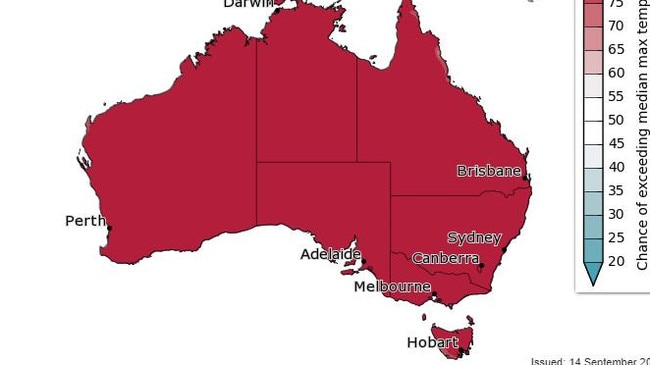 Map of Australia showing the chance of exceeding the median maximum temperature for Oct-Dec 2023. Picture: Bureau of Meteorology