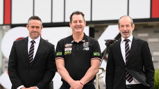 SSaints CEO Simon Lethlean, coach Ross Lyon and club president Andrew Bassat.