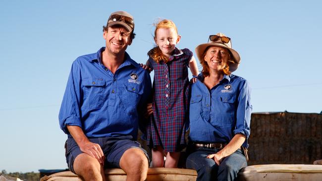 Troy and Nette Fischer, with daughter Elke, 8, from Ashmore Rams at Wasleys in South Australia. Picture Matt Turner