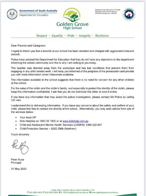 The letter sent to Golden Grove High School parents and caregivers.