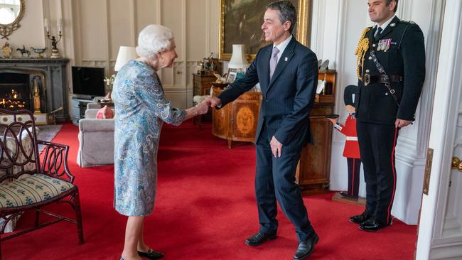 Queen Elizabeth II greets Switzerland's President Ignazio Cassis - her first official engagement since returning to Windsor Castle after a week’s break. Picture: AFP