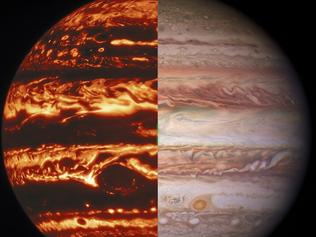 KIDS NEWS: JUPITER: Jupiter’s banded appearance is created by the cloud-forming “weather layer.” This composite image shows views of Jupiter in (left to right) infrared and visible light taken by the Gemini North telescope and NASA’s Hubble Space Telescope, respectively.
Credits: International Gemini Observatory/NOIRLab/NSF/AURA/NASA/ESA, M.H. Wong and I. de Pater (UC Berkeley) et al.
