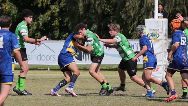 Action galleries of the junior rugby union grand finals, match played at Surfers Paradise Home Ground. Gold Coast Eagles Vs Currumbin Alligators under 16s division. Picture Mike Batterham