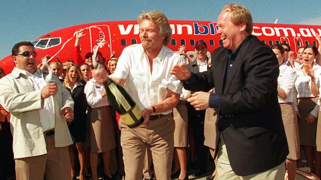 Richard Branson and Peter Beattie at the Virgin Blue launch at Brisbane Airport in 2000.