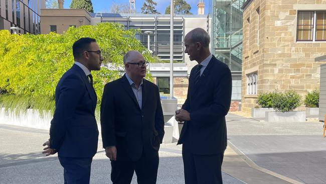 From left, new member for Clark, Simon Behrakis, with Steve Fisher, CEO of Beyond Abuse, and new Tasmanian Attorney-General Guy Barnett. The trio is pushing for the introduction of new child sexual abuse mandatory sentencing laws. Picture: Amber Wilson