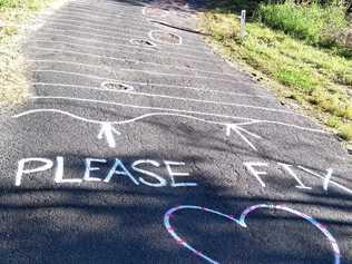 CLEAR MESSAGE: Guerilla road artist Roa Dart is again sending the Lismore City Council a clear message about dangerous sections of roads around the Lismore area. Picture: Max Osborn