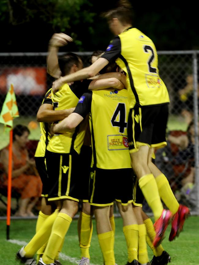 Edge Hill players celebrate a goal n the 2020 FNQ Premier League grand final. Picture: Stewart McLean