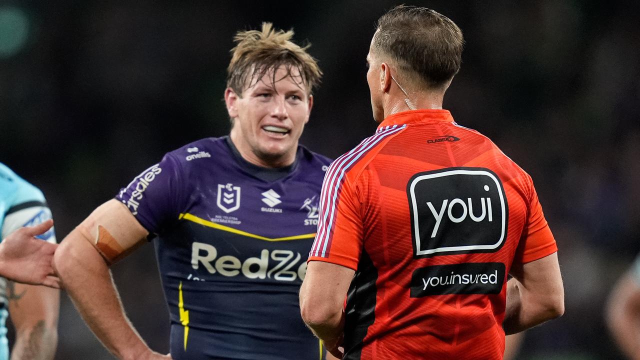 Melbourne Storm hooker Harry Grant is sent to the sin bin by referee Grant Atkins. Picture: NRL Images