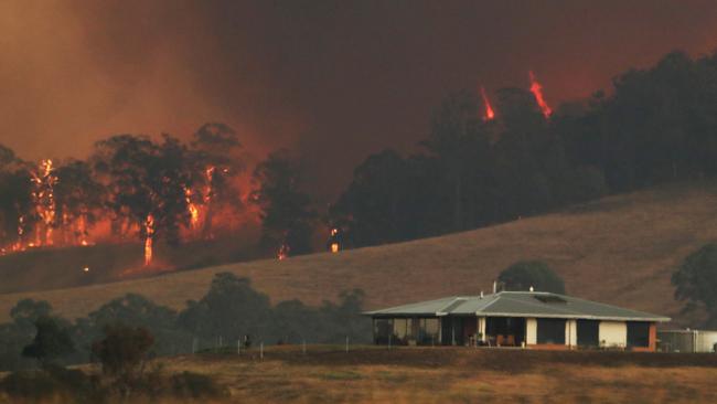 Flames behind a house near the fire outside Bruthen. Picture: David Crosling