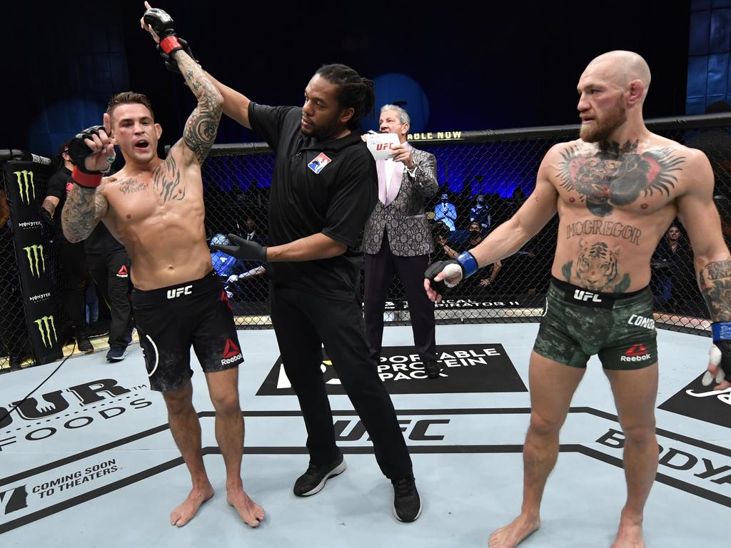 Dustin Poirier (left) got the better of Conor McGregor in their rematch back in January. (Photo by Jeff Bottari/Zuffa LLC via Getty Images)