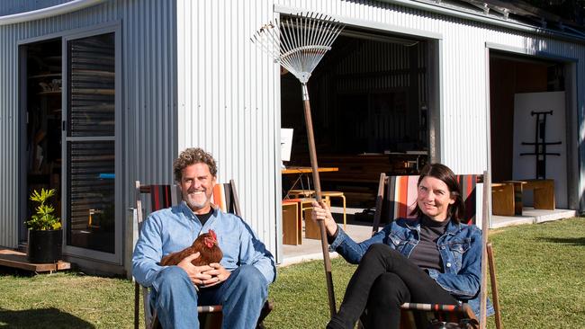 Adam Russell and Suzy Pickles with Chook Norris and Lily the staffy - Bulli NSW - sustainable living - Picture by Anna Warr