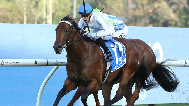 SYDNEY, AUSTRALIA - MARCH 22: Ashley Morgan riding  Private Harry win Race 9 Kia Ora Galaxy during the "TAB Golden Slipper" - Sydney Racing at Rosehill Gardens on March 22, 2025 in Sydney, Australia. (Photo by Jeremy Ng/Getty Images)