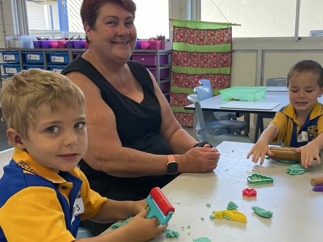 Thomas and Phoenix with Ms Keira at Torquay State School for their first day of Prep.