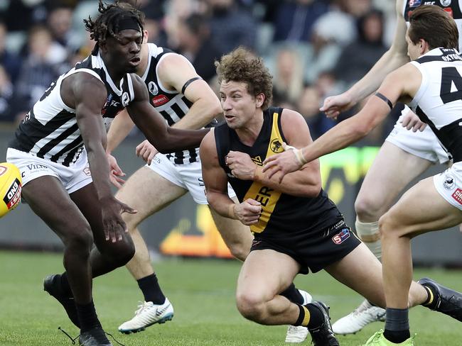 SANFL - GRAND FINAL  22/09/19 - Port Adelaide v Glenelg at Adelaide Oval. Matthew Snook under pressure from Martin Frederick and Tobin Cox Picture SARAH REED