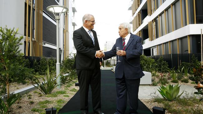 Federal Treasurer Scott Morrison with Meriton boss Harry Triguboff at the opening of Pagewood Green. Picture: John Appleyard