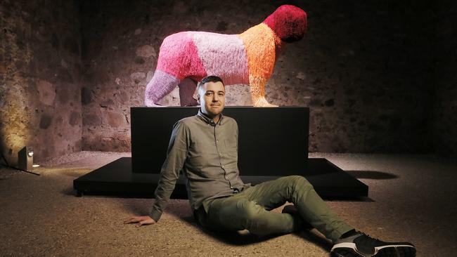 Brunswick-based artist Troy Emery with some of the pieces from his Wildlife exhibition at Rosy Barn, for Dark Mofo. Picture: MATHEW FARRELL