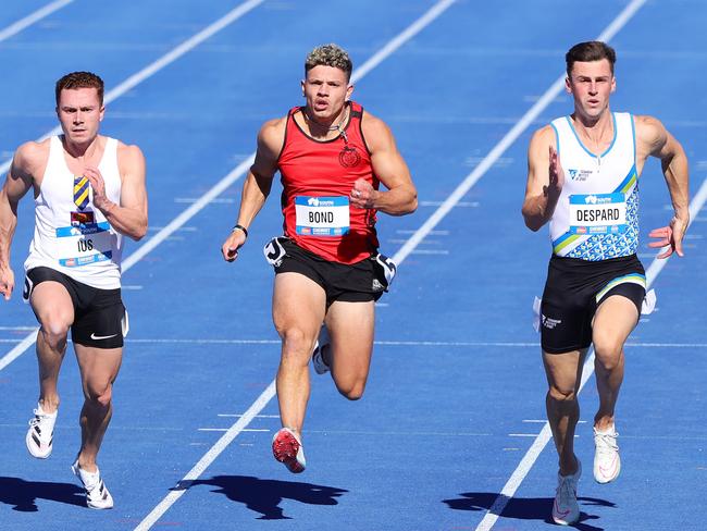 Jacob Despard (right) pictured winning his 100m semi final at last week’s national championships, before going on to claim the bronze medal. (Photo by Sarah Reed/Getty Images)