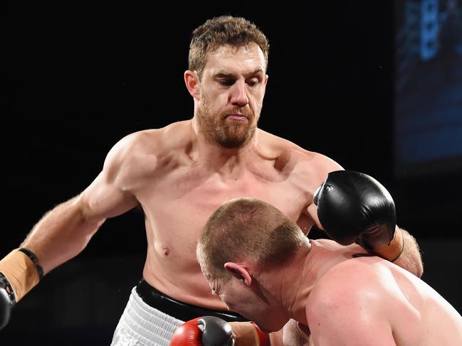 Former Geelong, Sydney and Giants ruckman Shane Mumford is having his first professional boxing bout on Friday night, July 6, in Kensington. Heavyweight bout between Kyle Brumby v Shane Mumford which was won by Mumford by knockout. Picture: Lawrence Pinder