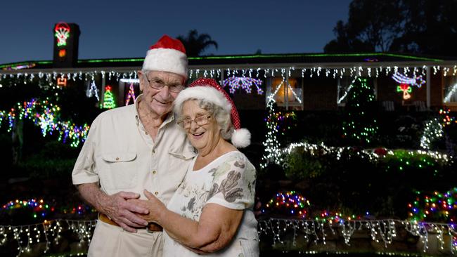 Bill and Peg at their 2020 Christmas lights display. Picture: Naomi Jellicoe