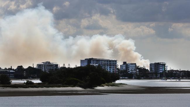 Fire on the Northern Gold Coast as seen from Southport Seaway. Picture: Glenn Hampson.