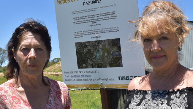 Colleen Toovey and Julie Stevens are objecting to an agricultural food hub development proposed in Cudgera Creek. Picture: Liana Walker