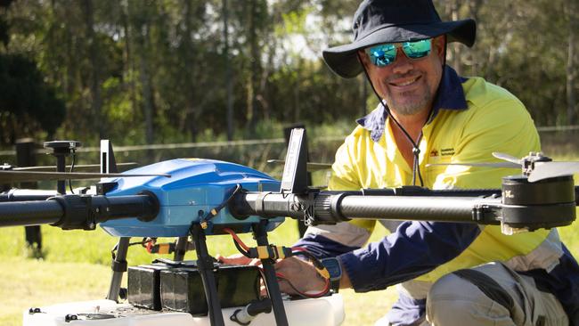 Contract drone operator Derek Pontorolo ahead of mosquito treatment at Tumbulgum. Picture: Supplied / Tweed Shire Council.