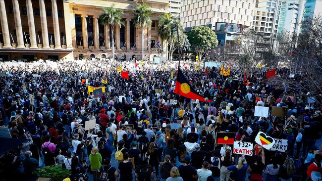 Demonstrators crowd King George Square in Brisbane for the Black Lives Matter protest. Picture: AFP.