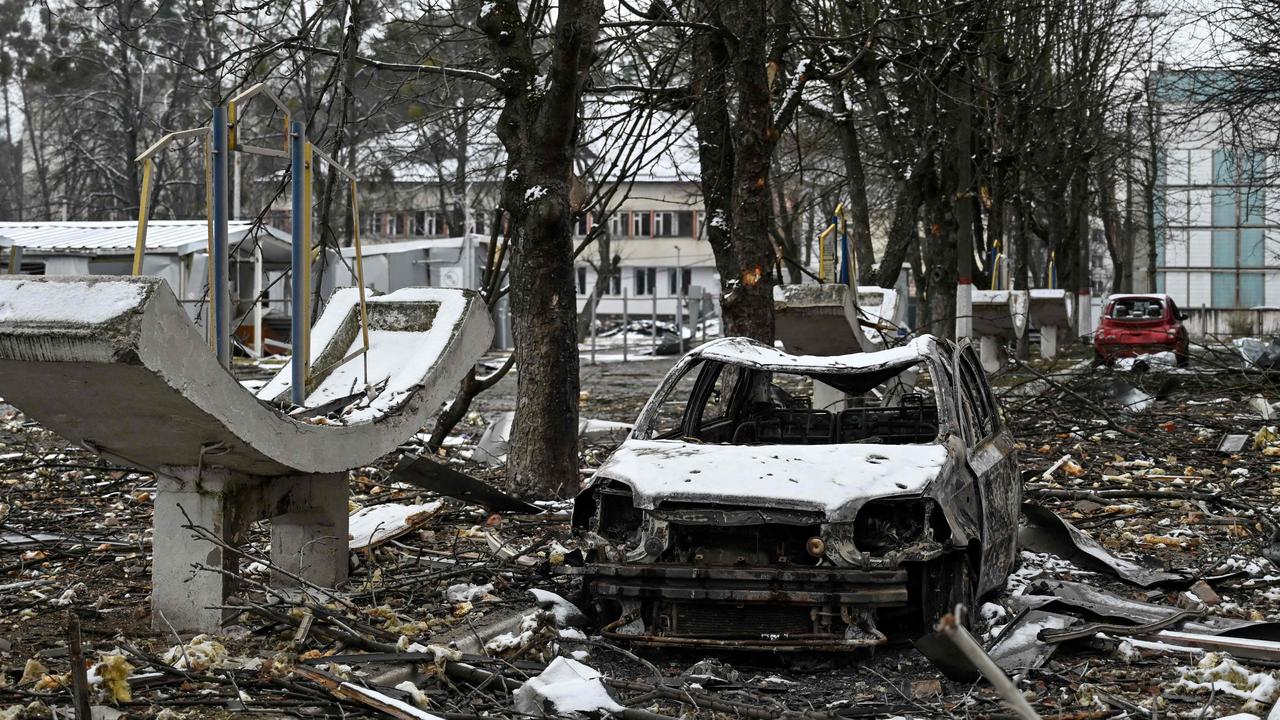 The view of military facility which was destroyed by recent shelling in the city of Brovary outside Kyiv. Picture: AFP