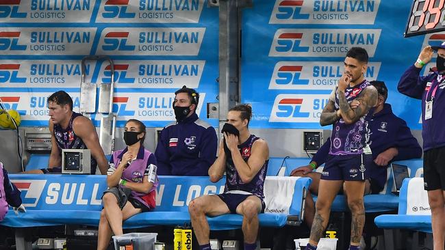 Fremantle’s bench was full of injured players on Sunday. Picture: Daniel Carson/AFL Photos via Getty Images