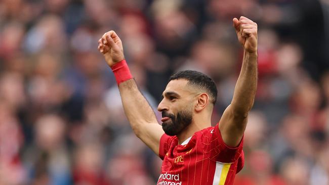 LIVERPOOL, ENGLAND - MARCH 08: Mohamed Salah of Liverpool celebrates scoring his team's third goal during the Premier League match between Liverpool FC and Southampton FC at Anfield on March 08, 2025 in Liverpool, England. (Photo by Carl Recine/Getty Images)