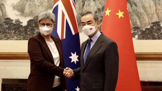 Foreign Minister Penny Wong with Chinese Foreign Minister Wang Yi in Beijing, in December last year. Picture: DFAT