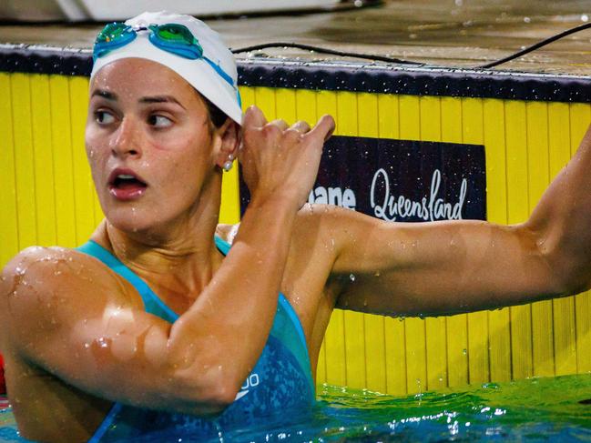 Australiaâs Kaylee McKeown reacts following the women's 200m backstroke final during the Australian Swimming Trials at the Brisbane Aquatic Centre on June 13, 2024. (Photo by Patrick HAMILTON / AFP) / -- IMAGE RESTRICTED TO EDITORIAL USE - STRICTLY NO COMMERCIAL USE --