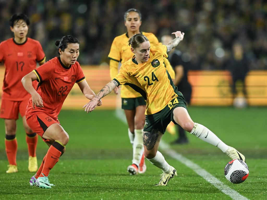 Sharn Freier of the Matildas during the international friendly match between Australia and China PR at Adelaide Oval on May 31, 2024 Picture: Getty Images