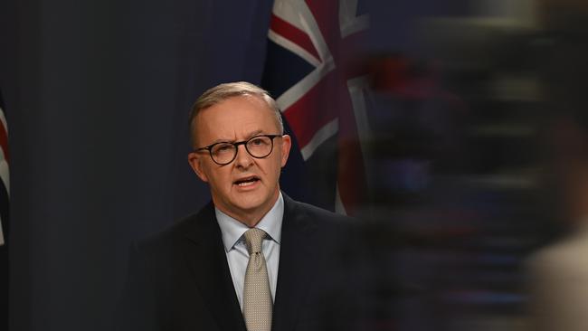 Opposition leader Anthony Albanese talked to the media for more than 30 minutes as the election campaign got under way. Picture: NCA NewsWire / Flavio Brancaleone