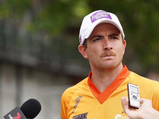 Jake Whetton of Brisbane Blaze speaks to the media during a Hockey One League media event on the Yarra River, in Melbourne, Friday, November 15, 2019. (AAP Image/Stefan Postles) NO ARCHIVING