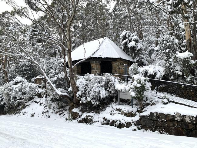 Snow at the Chalet on kunanyi/Mt Wellington on Tuesday. Picture: Craig Warhurst