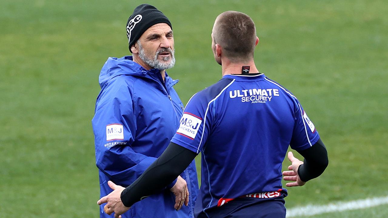 Interim coach Steve Georgallis with Kieran Foran takes the Canterbury Bulldogs training session at Belmore on the day Dean Pay stepped down as coach. Picture. Phil Hillyard