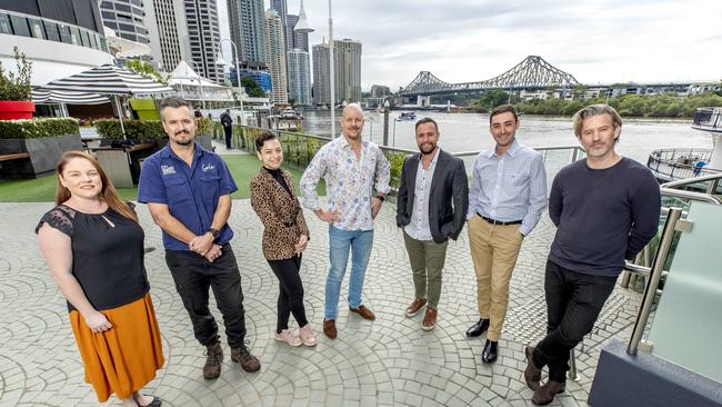 Centre manager Kelly Ferguson with tenants Dave Cush from City Winery, Gizem Temizkan, Naga Thai’s Andrew Baturo, Michael Tassis from George’s Paragon, Rico and Fatcow, Caio Rossetto from Fatcow and Coppa Spuntino’s Tom Sanceau at Eagle Street Pier. Picture: Richard Walker