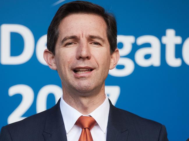 Senator Simon Birmingham talks to the press outside the Space Conference at the Adelaide Convention Centre in Adelaide, Monday, Sept. 25, 2017. (AAP Image/MATT LOXTON)