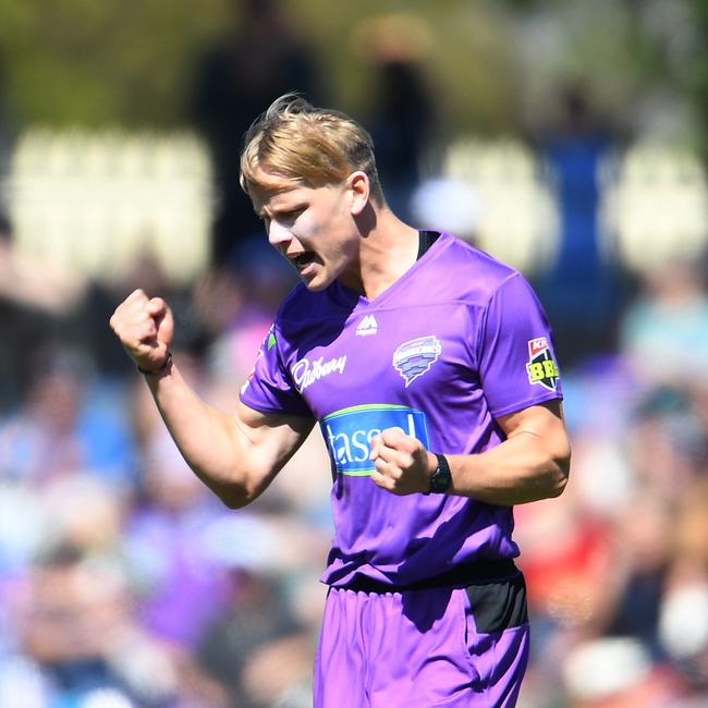 Nathan Ellis celebrates the wicket of Richard Gleeson. Picture: STEVE BELL/GETTY IMAGES