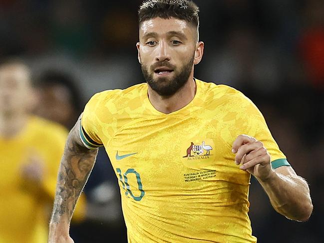 MELBOURNE, AUSTRALIA - MARCH 28: Brandon Borrello of the Socceroos runs with the ball during the International Friendly match between the Australia Socceroos and Ecuador at AAMI Park on March 28, 2023 in Melbourne, Australia. (Photo by Daniel Pockett/Getty Images)