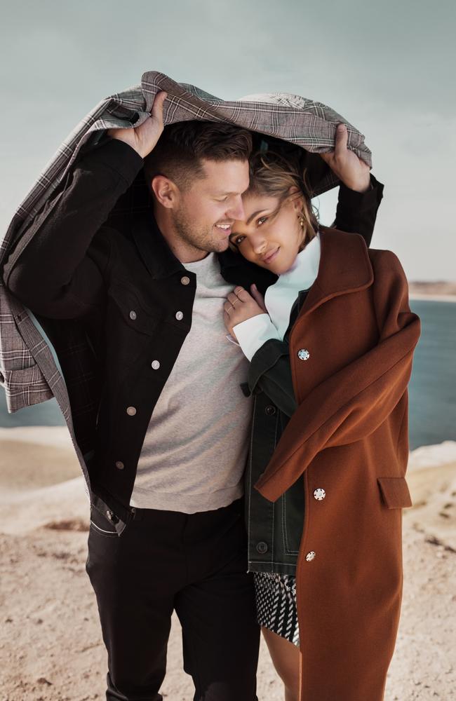 Former Miss Universe Australia, Olivia Rogers with Justin Mckeone in a campaign shot for Burnside Village's Autumn/Winter collection. Picture: Haley Renee.