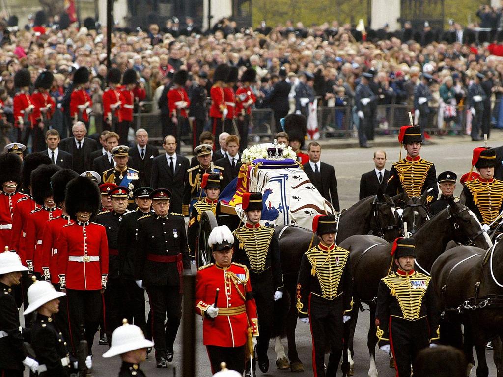 Members of the Royal Family follow the gun carriage bearing the coffin of Queen Elizabeth, the Queen Mother, during the procession from Westminster Hall to Westminster Abbey. Picture: AFP