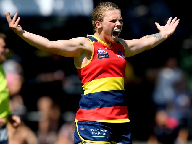 Chloe Scheer celebrates a goal during the Round 3 AFLW match between the Adelaide Crows and the Geelong Cats at Coopers Stadium in Adelaide, February 17, 2019. Picture: AAP Image/Sam Wundke