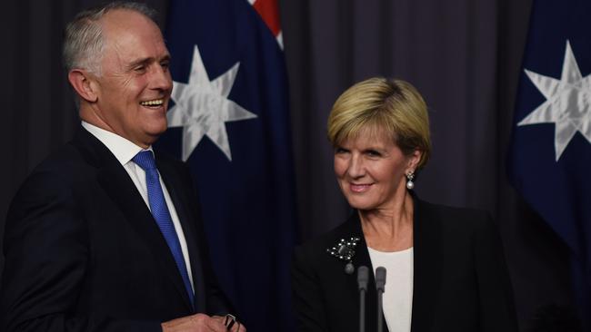 Victorius ...  Prime Minister Malcolm Turnbull  and  Foreign Minister Julie Bishop at Parliament House the day after the successful leadership challenge in September. Picture: AAP Image/Lukas Coch