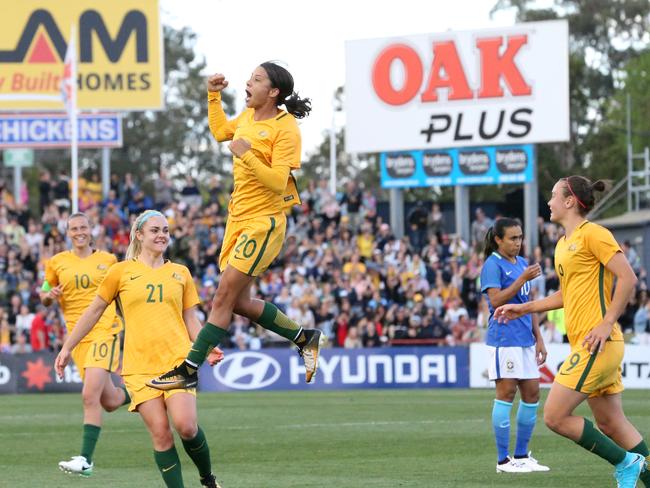 Sam Kerr celebrates a goal against Brazil in Penrith last year. Picture: Matt Sullivan